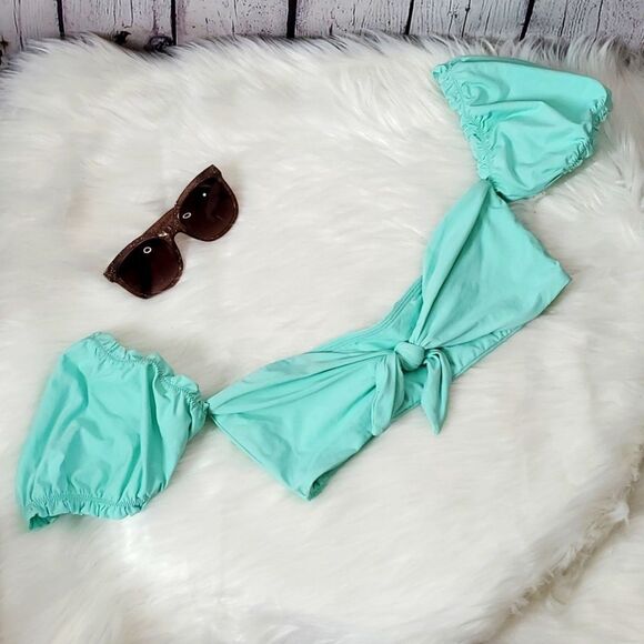 Lulu's Tidal Vibes Seafoam Teal Tie-Front Puff Sleeve Bikini Top NWOT Size Small - Picture 9 of 14